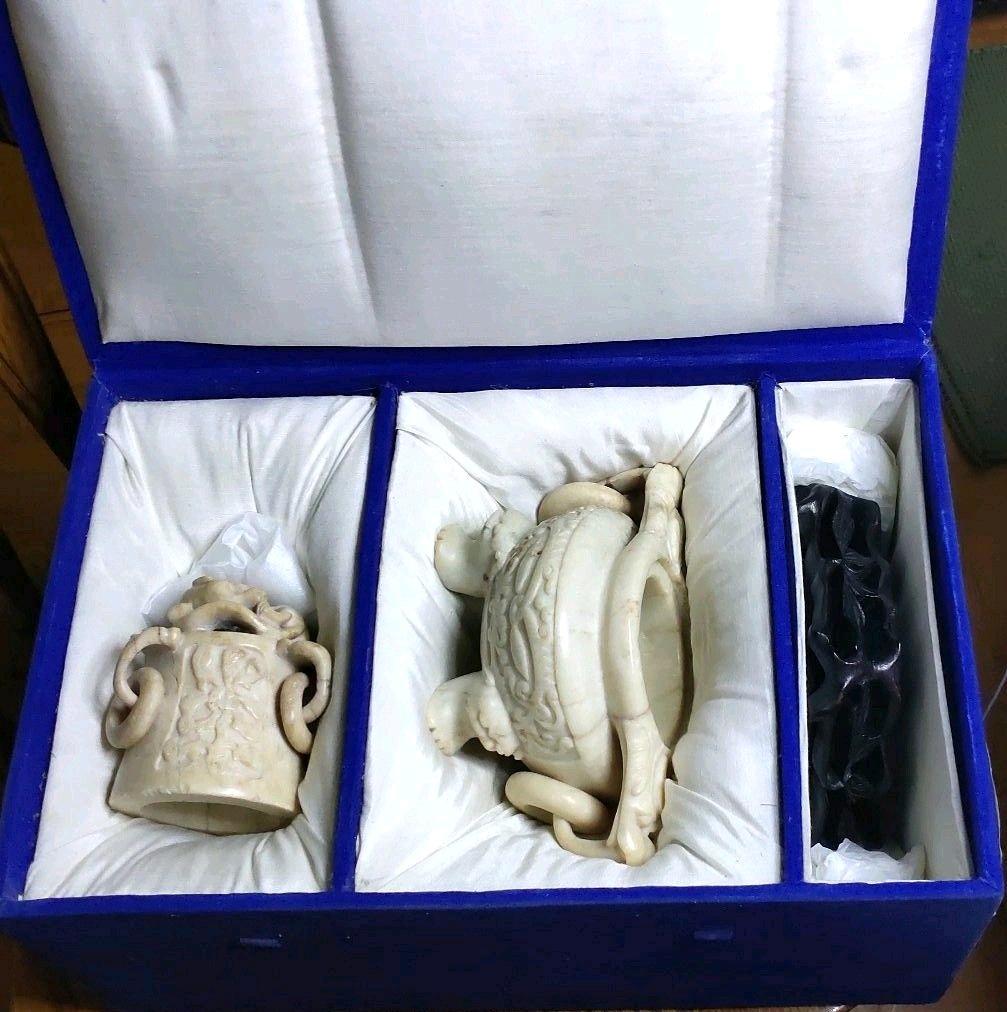 玉石彫刻 遊環香炉 木彫り台 共箱 石細工 アンティーク 旧家蔵出 風水グッズ