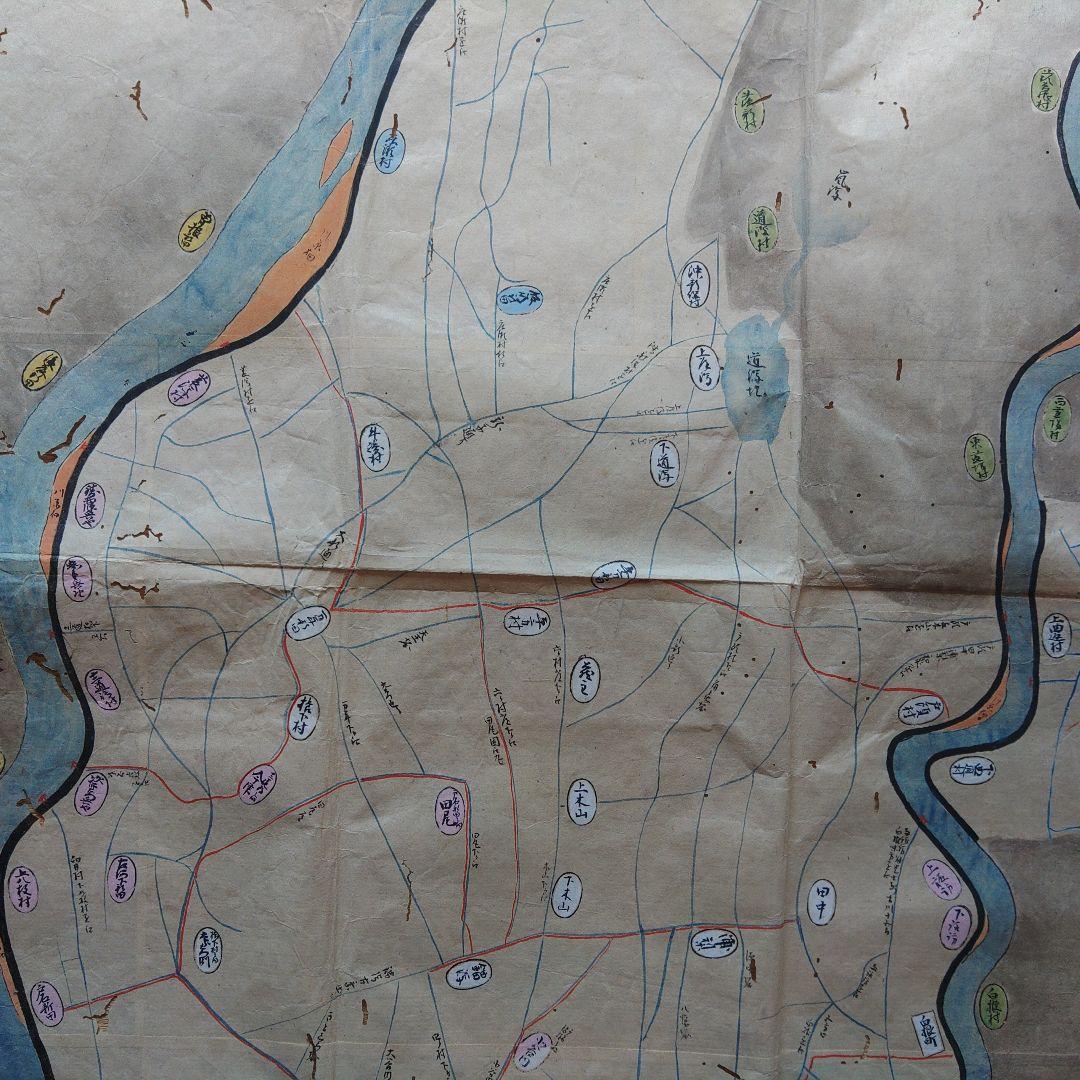江戸時代　越後味方村白根付近　彩色古地図　和紙裏打　長さ196cm