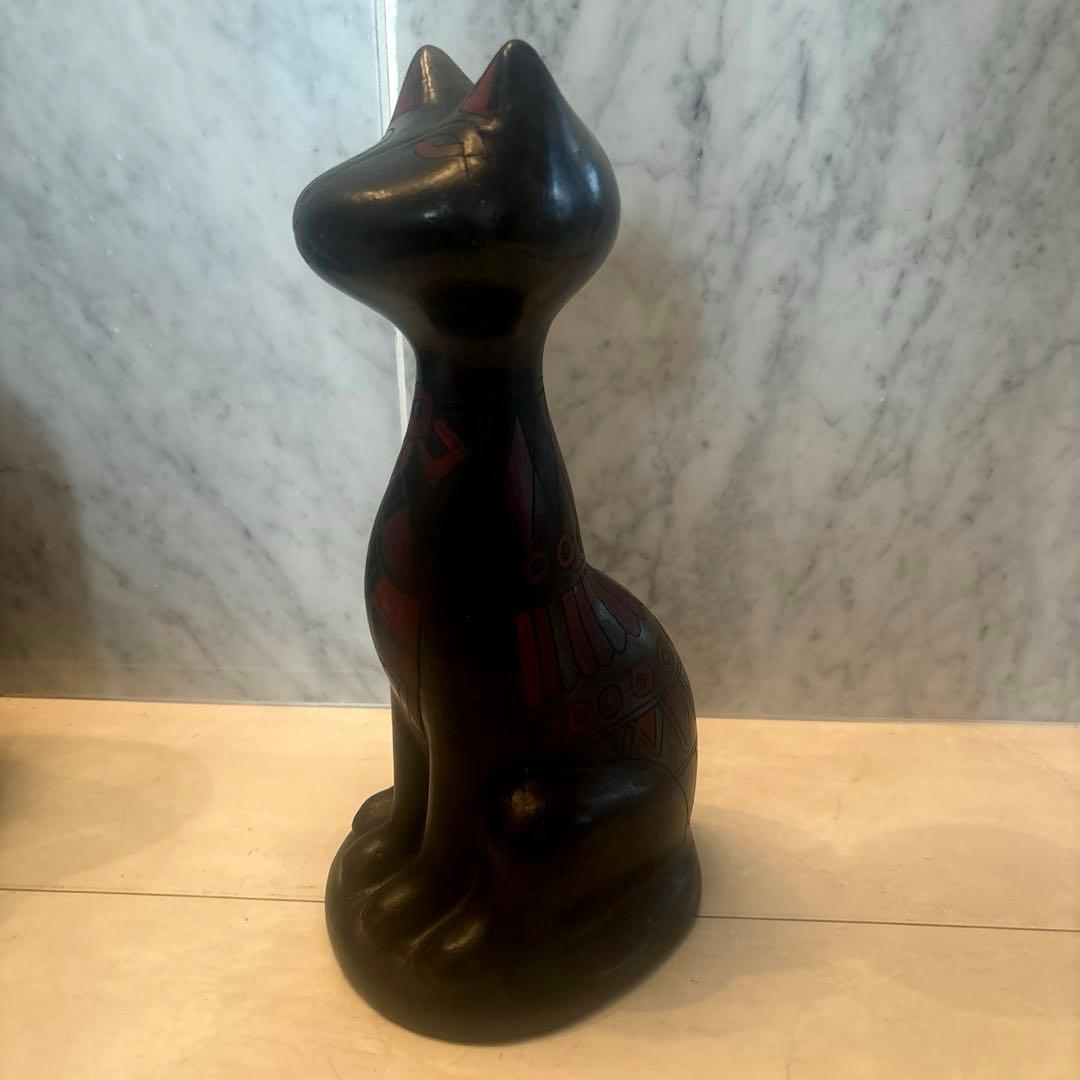メキシコビンテージ　タトゥーのような美しい幾何学模様の猫陶器オブジェ