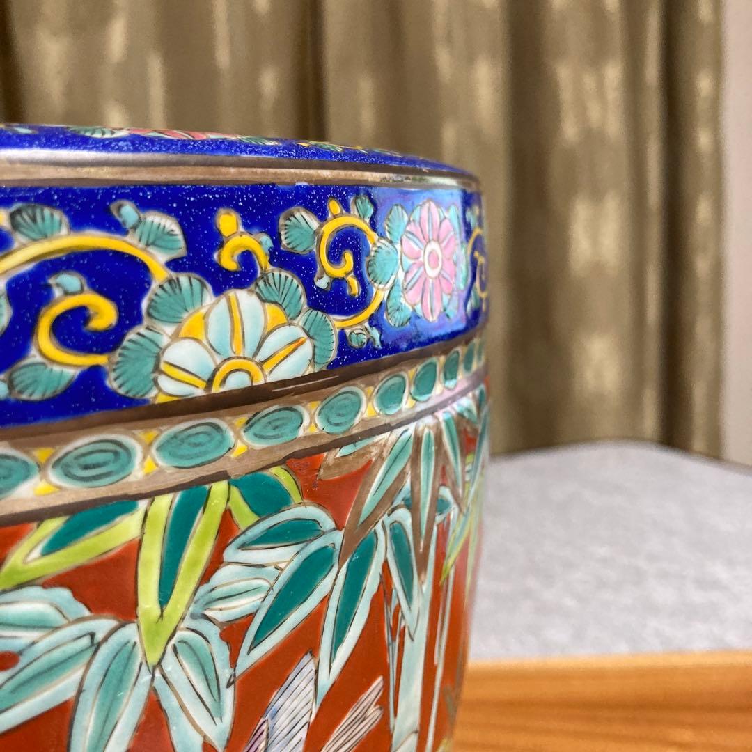 火鉢　赤絵火鉢　手火鉢　有田焼　伊万里焼　メダカ鉢　鉢カバー　竹雀　野菊 花鳥画