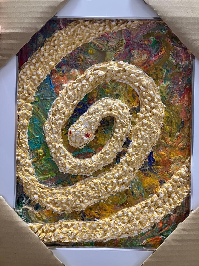 祈雨　白蛇　金色　神秘　絵　絵画　アクリル画　原画　　額付き　インテリアアート