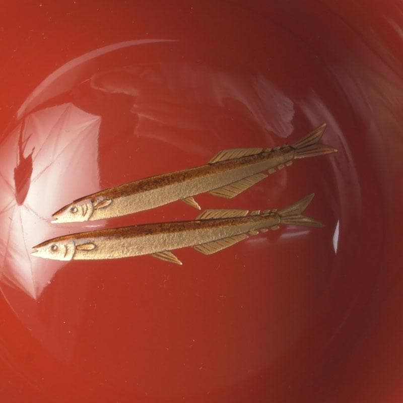 和食器　茶懐石　輪島塗　輪島屋本店謹製　朱塗魚蒔絵　盃　五客　共箱　V　9712