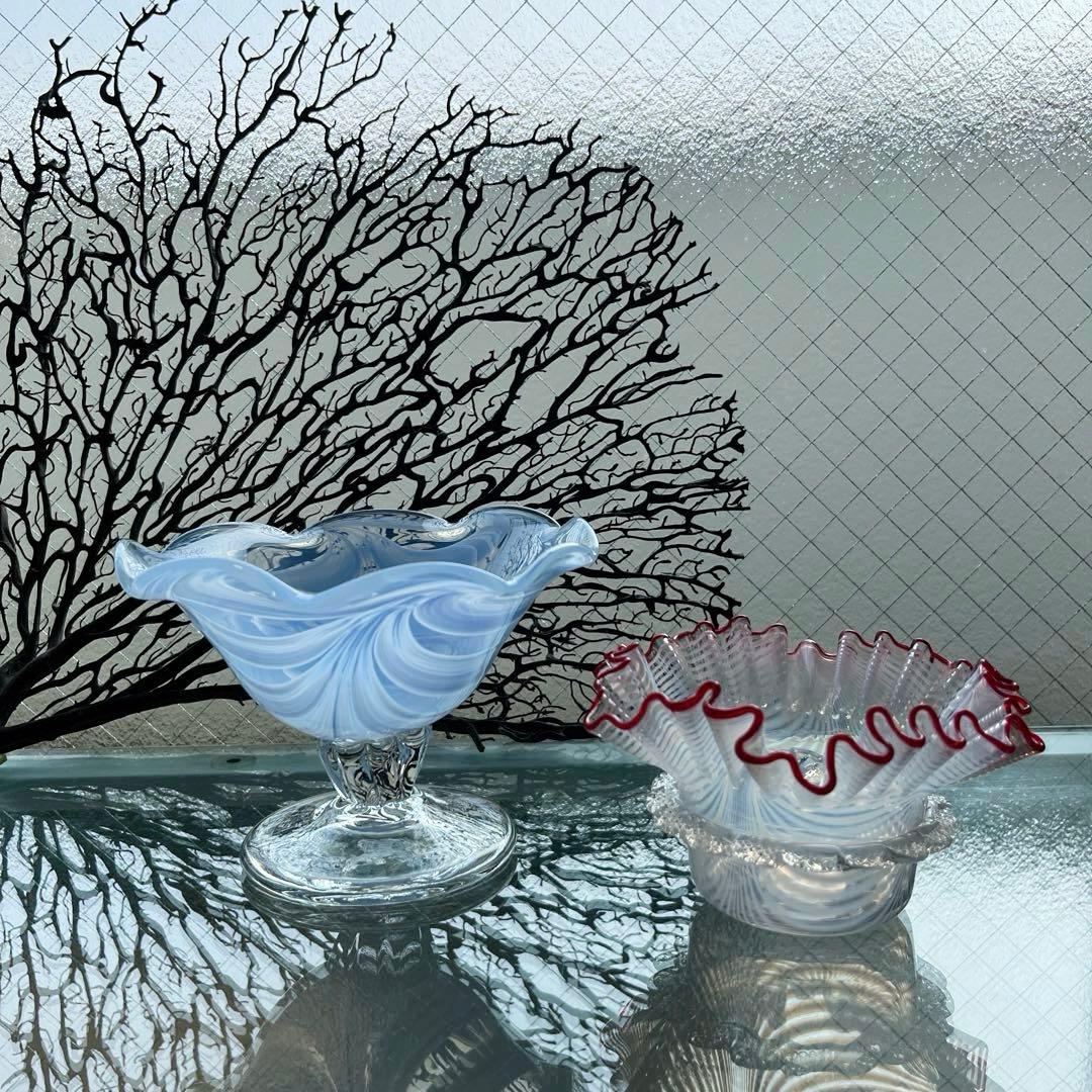 骨董　時代ガラス　超希少　金赤フチ　掻き揚げ模様　菓子器　氷鉢　ウランガラス