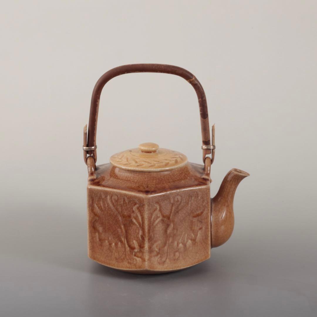 珉平焼 面取 飴釉 六角 急須 古道具 アンティーク 水注