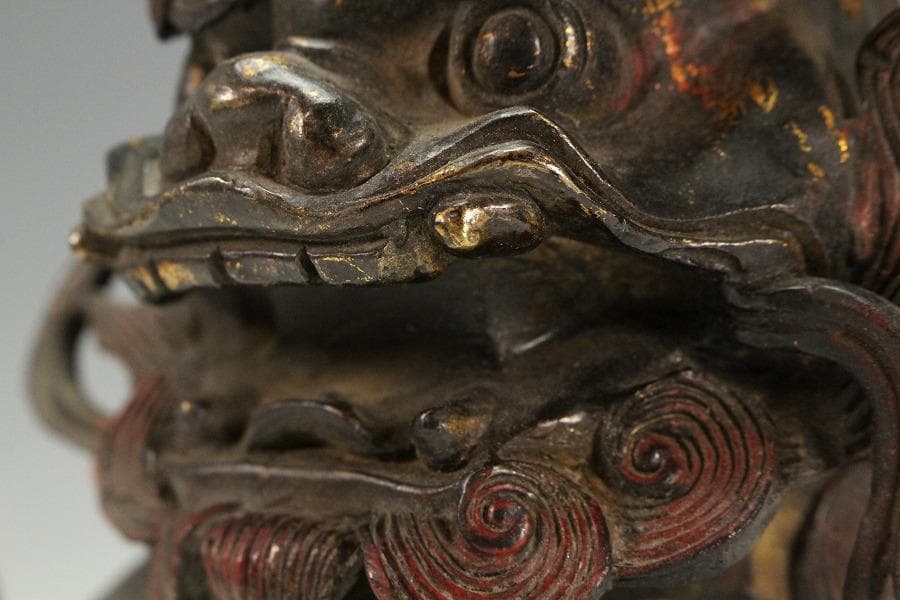 色絵銅 親子獅子 置物 24.5cmx14cm 時代物(K-XA771)