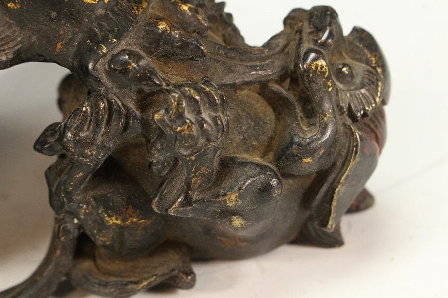 色絵銅 親子獅子 置物 24.5cmx14cm 時代物(K-XA771)