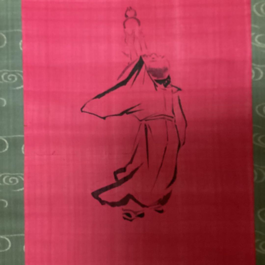 中国画　　肉筆画　【　通玄仙人瓢箪から駒之図　】　朱の絹本下地に水墨　381