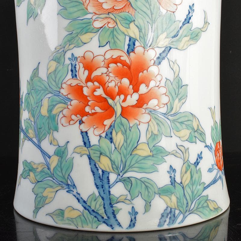 鍋島焼　色鍋島　七代　小笠原藤右衛門作　牡丹文　筒花瓶　共箱　M　R6701B