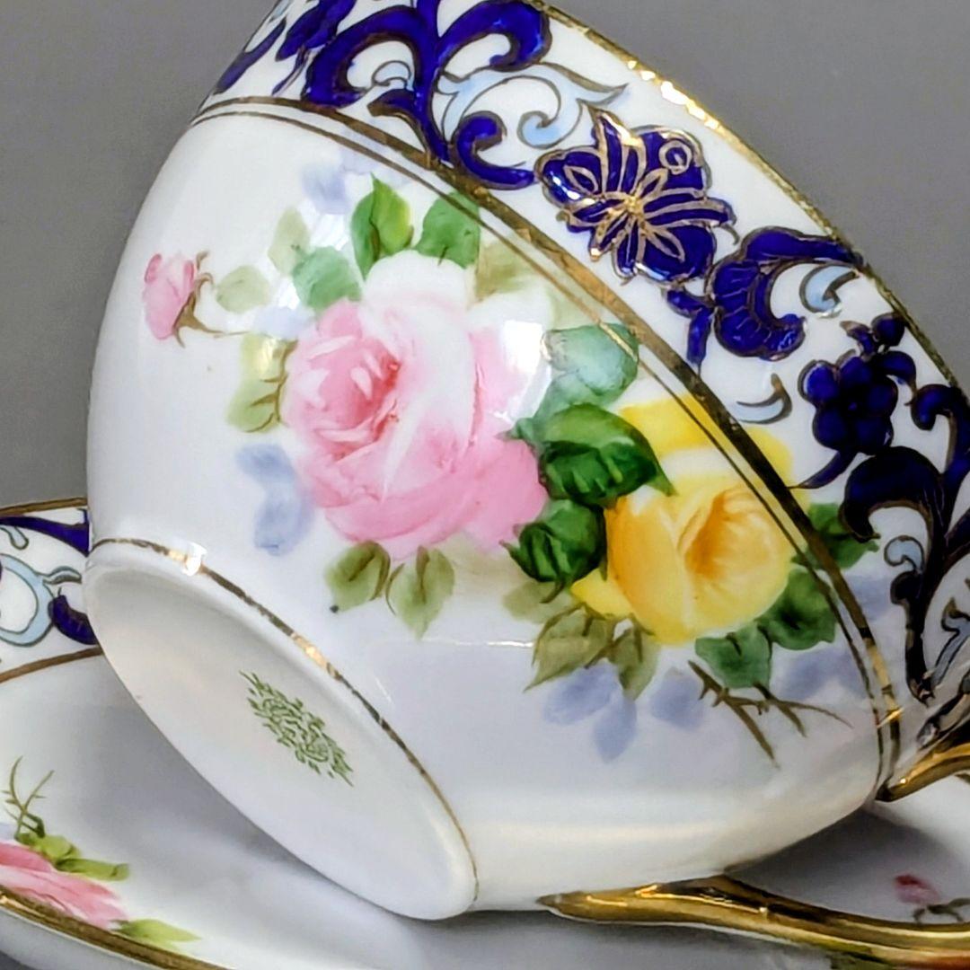 オールドノリタケ銘品!! 金彩藍帯薔薇図紋　キャビネットカップ＆ソーサー