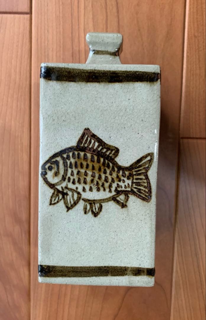 希少　益子窯　米陀寛　作　鮒之遊図　角瓶