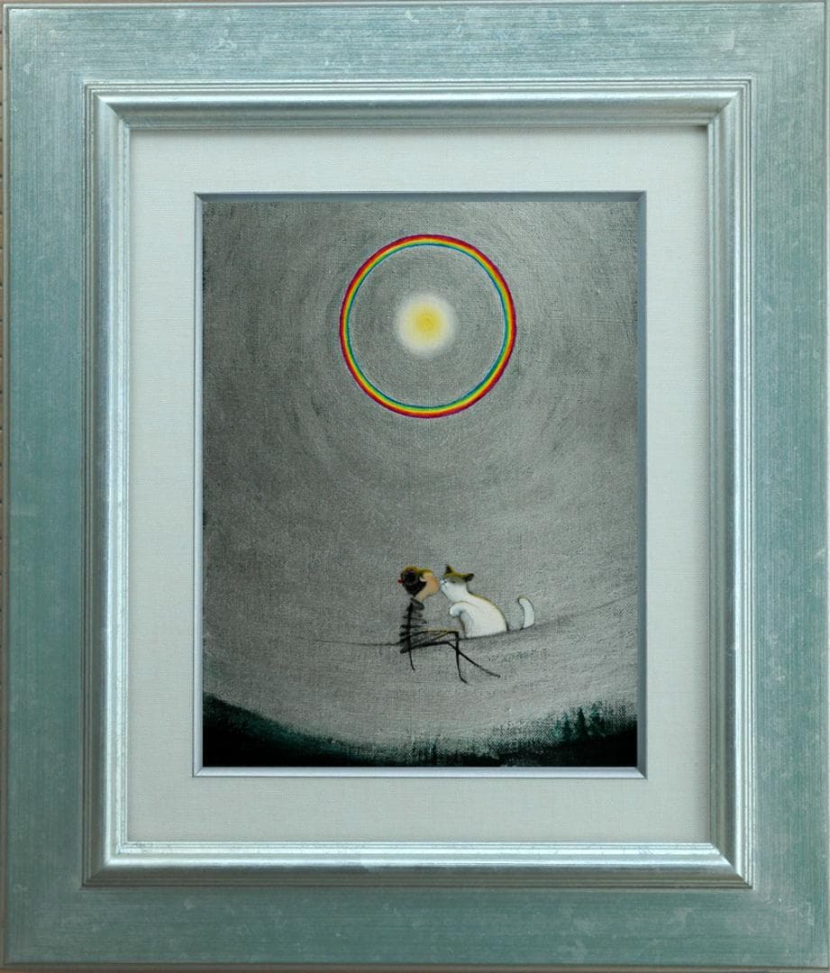 油絵 菅家令子 絵 絵画 インテリア額付(白) F3-031019 子猫と女の子