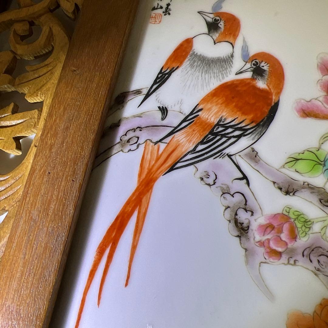 中国美術　粉彩花鳥文陶板画　東Y7-0902⭐︎2Fトヒト