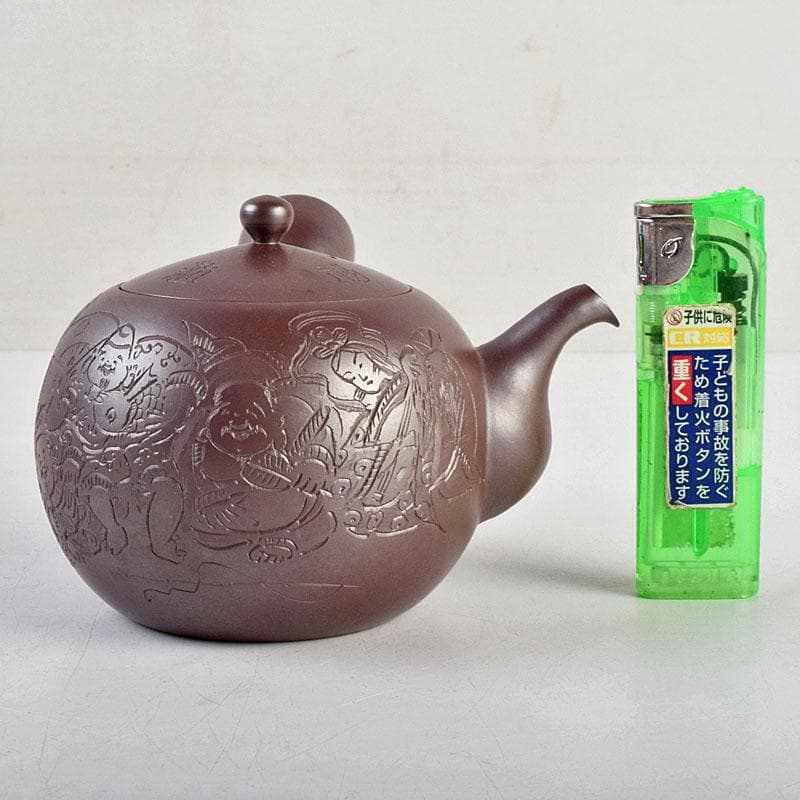 萬古焼　美月窯　伊藤美月作　七福神之図　茶注　急須　共布共箱　M　R9431