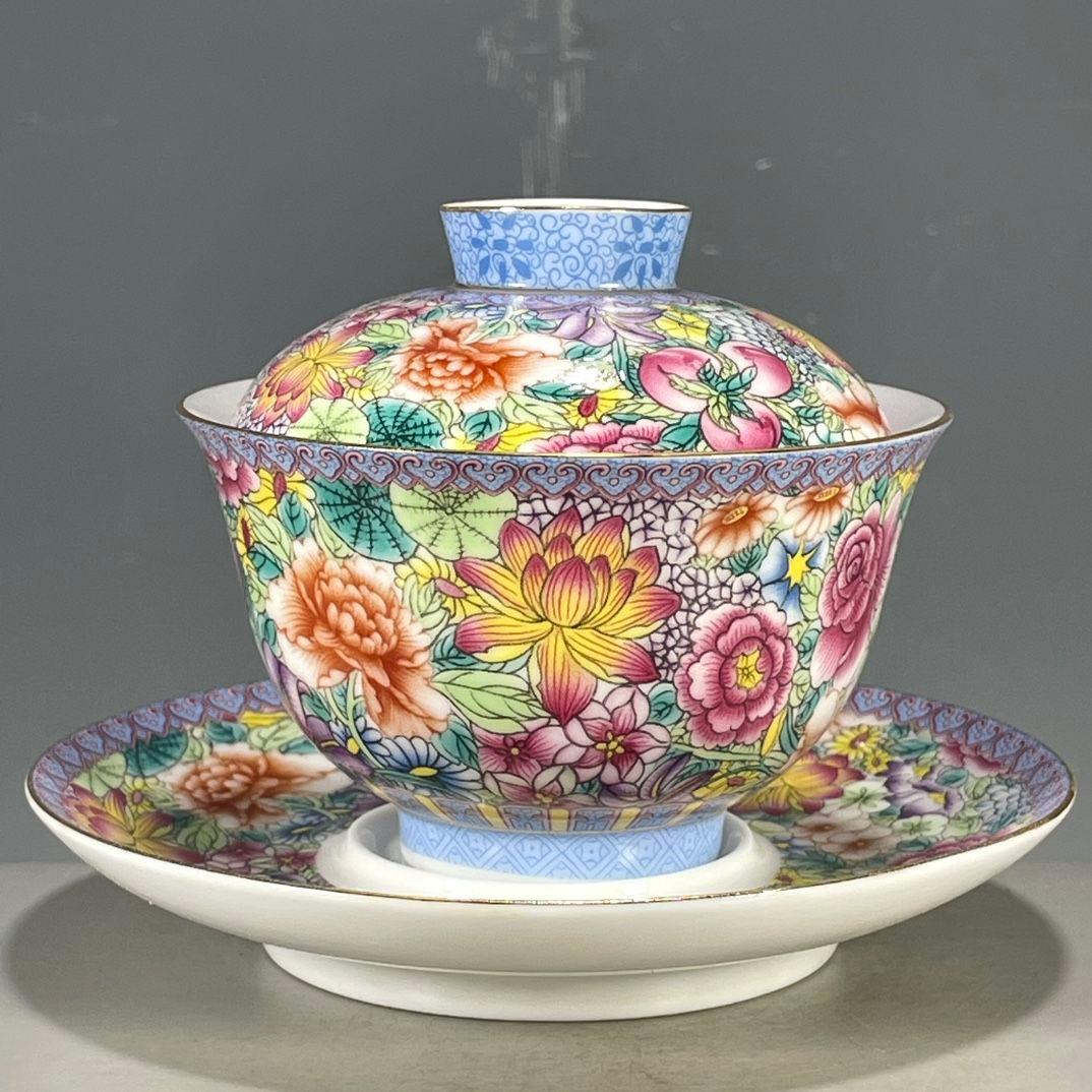 中国茶器 琅彩花卉図紋三才蓋碗 景徳镇 蓋付き茶器 飲茶食器 煎茶具 未使用品