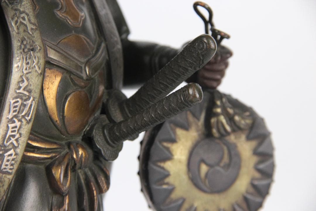 日本美術　銅製武人像　正秀作　細密彫刻　金象嵌　明治期金工　時代物 Eo1-21