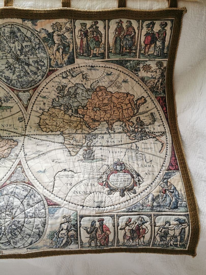 アンティークドイツ ローゼル 17世紀世界地図天体図 ブティ風キルト タペストリ