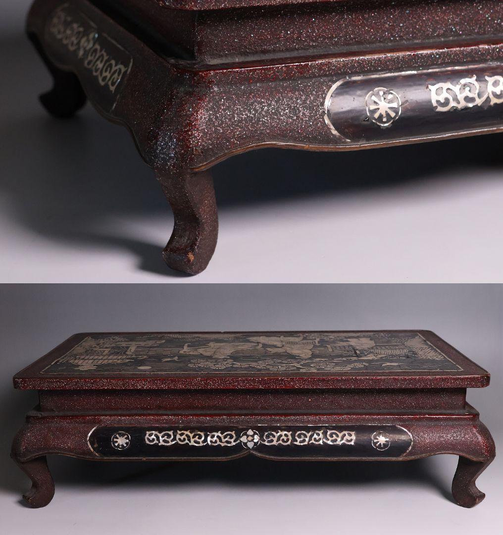 中国美術 螺鈿細工 平卓 46×28.3cm 人物 花台 香炉 木製【MA812