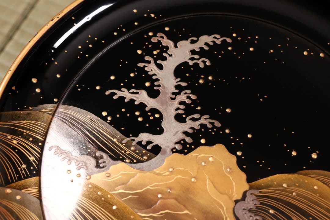 波に鶴 金銀蒔絵 高月一対 木箱 木製漆器 高坏 高槻 菓子器 【MA743】