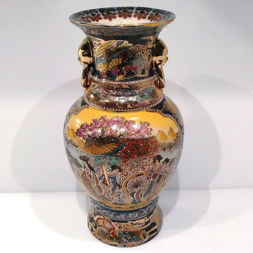 薩摩焼 金襴手 金彩 色絵 色錦 豪華絢爛 武者図 美人画 飾り壺 古美術 花器