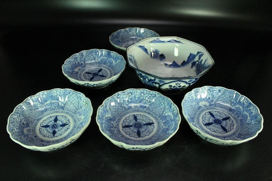 古伊万里 染付 鉢 皿 六点揃 江戸末期(K-A868)