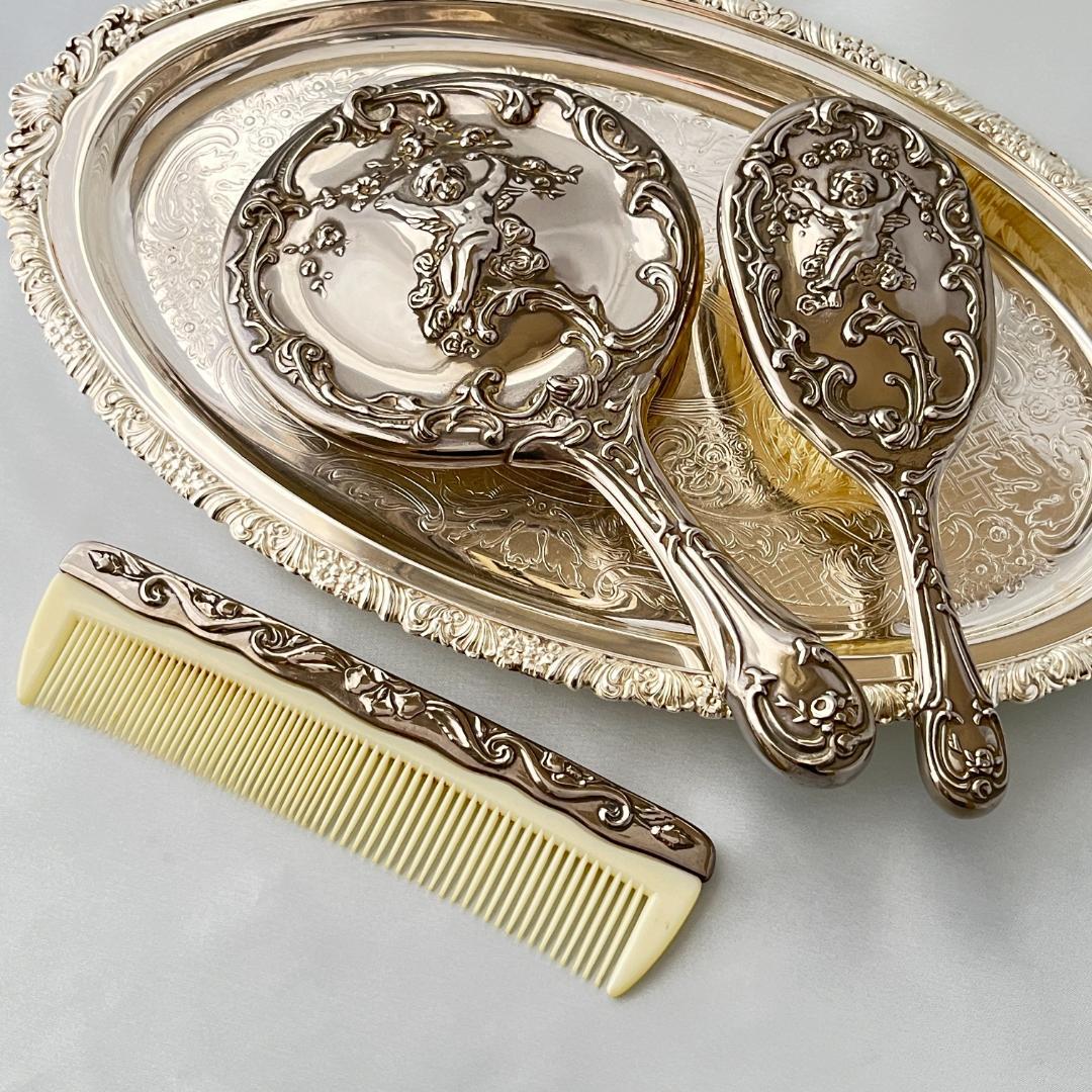【天使と薔薇】 ロココのミラー/ブラシ/コーム【シルバープレート】 手鏡