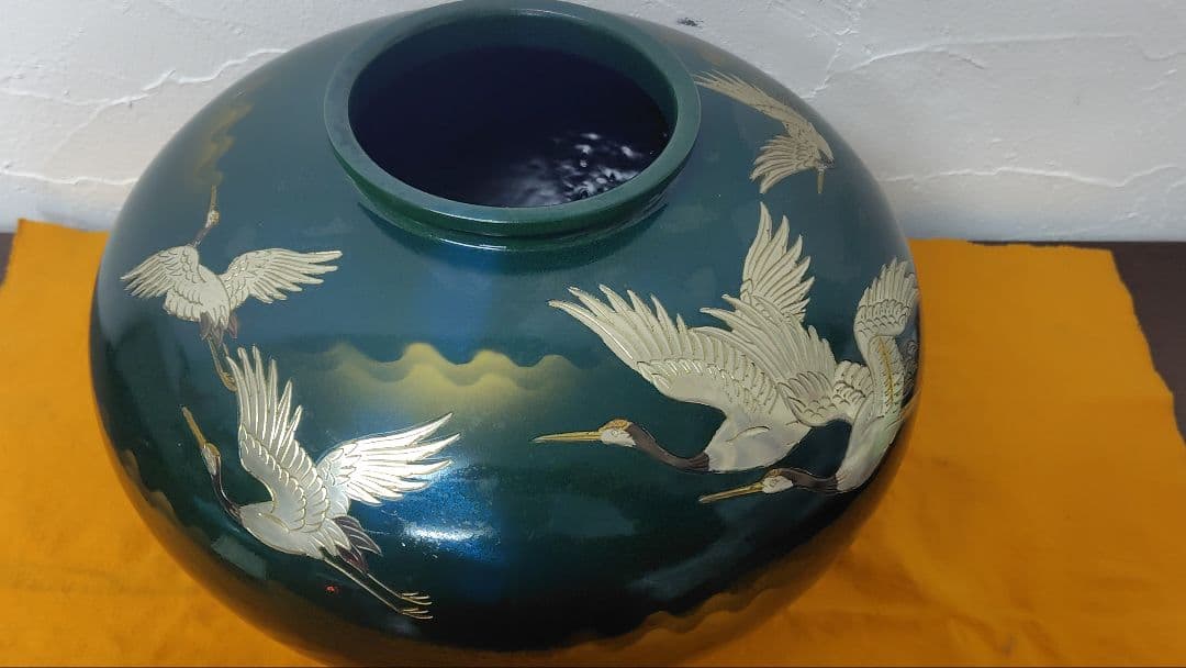 高岡銅器 花器 鶴文様 大型 壺 緑青色 鋳銅 花瓶 伝統工芸