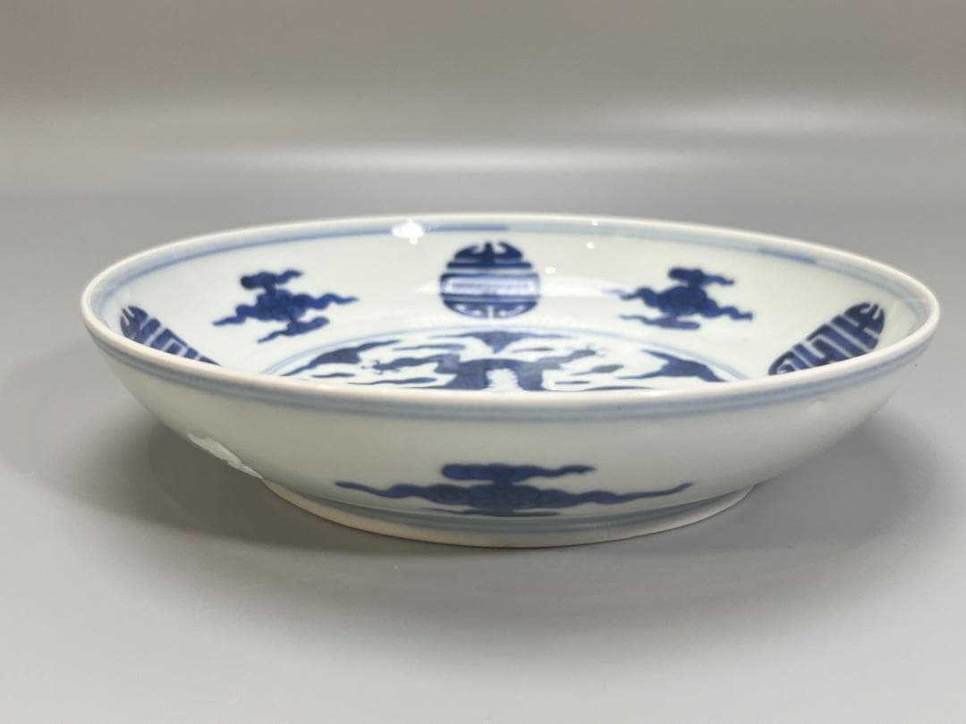 中国美術 清 青花龍紋盤・染付龍文皿 幅 17.5cm