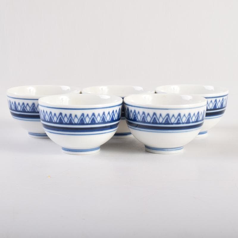 煎茶道具　賣茶好　染付　雁木文　茶碗　五客　共箱　V　7899