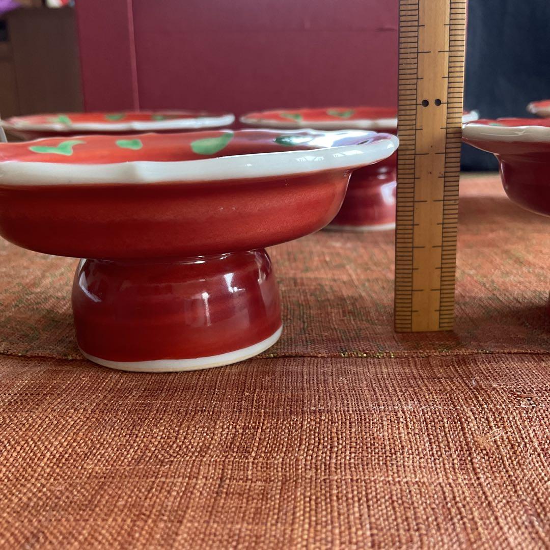 九谷焼　須田菁華　赤地緑彩　高台小鉢　5客揃い