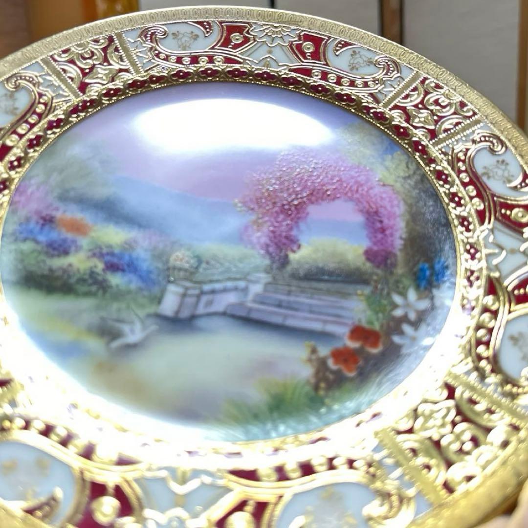 オールドノリタケ マルキ印　金盛り　風景花鳥文皿 里帰り　アンティーク