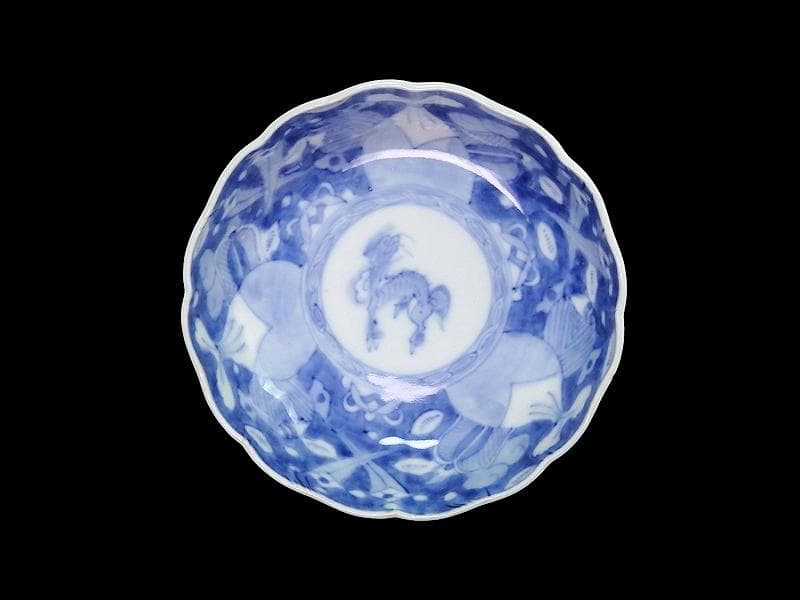 古伊万里　染付　巾着に宝尽くし　麒麟の図　膾皿　５客　129AS-CVv