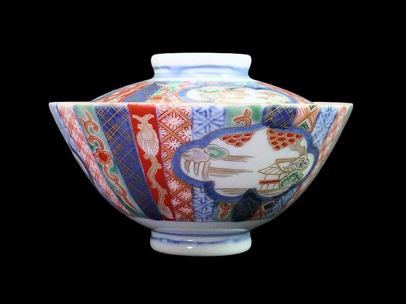 九谷　大聖寺伊万里　金襴手　山水　紋章の図　蓋茶碗　２客　361AS-DAl