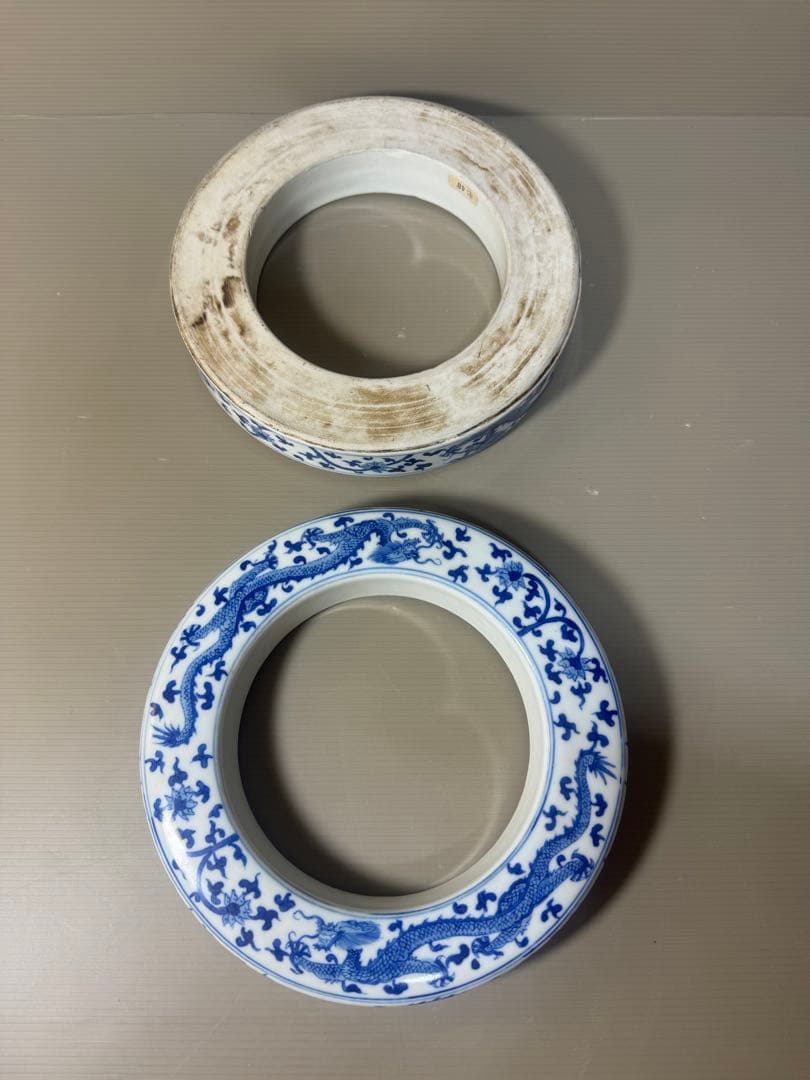 2430 骨董　染付青花　龍文　蓋物　置物　時代物
