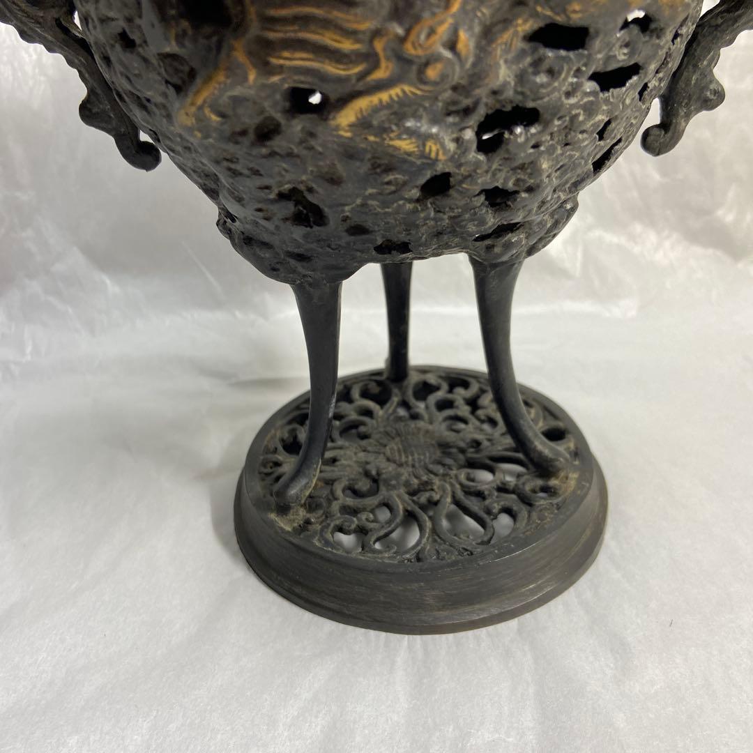 高岡銅器 金属工芸 三足 唐獅子香炉 仏教 透かし彫り 仏具 香道具