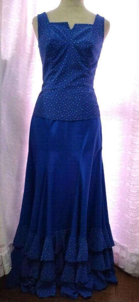 フラメンコ衣装　青無地＋カラフルなドット入りトップスとフリル　アトリエ喜美江