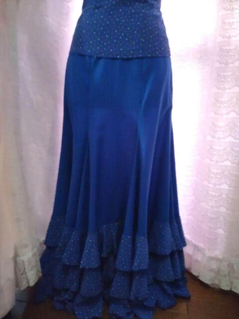 フラメンコ衣装　青無地＋カラフルなドット入りトップスとフリル　アトリエ喜美江