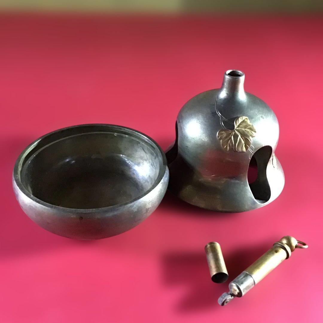 大珍品　白銅地据紋象嵌　香炉　アンティークライター付　昭和初期　　　B3