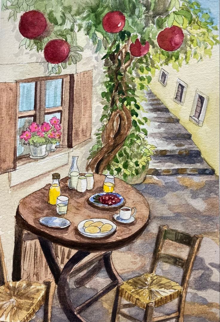 午後のティータイム　マーガレットとポット　水彩画　原画