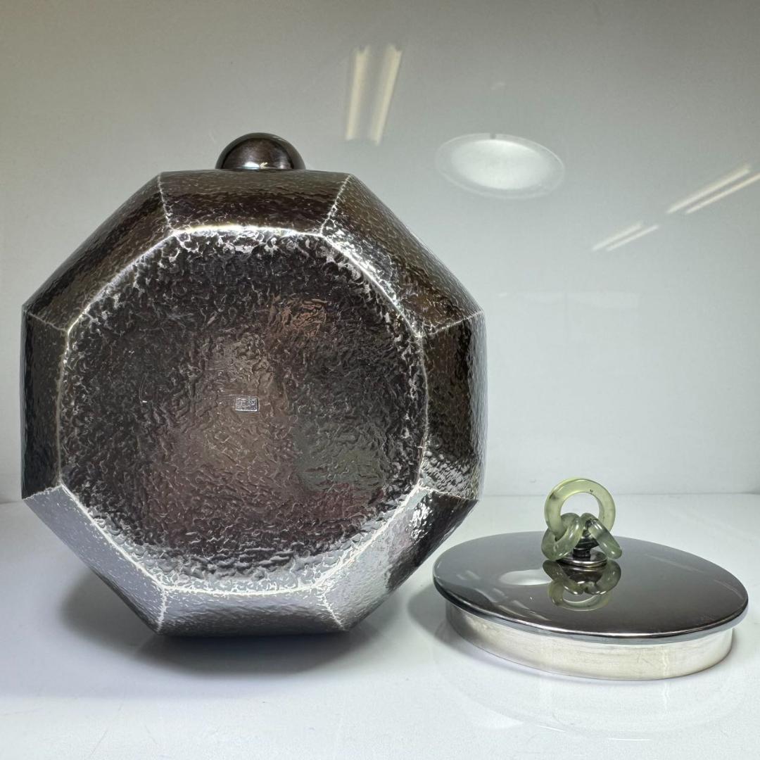純銀製 槌目岩肌 八面取湯沸 三連環貴石摘 鳴付 煎茶 純銀保証 銀瓶 やかん