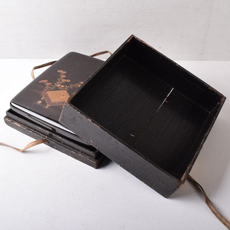 書道具　黒漆　囲碁文　硯箱　水滴・硯・時代箱付　D　R8750