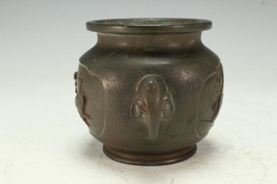 古銅 象耳 花鳥紋 香炉 古美術(K-LC955)