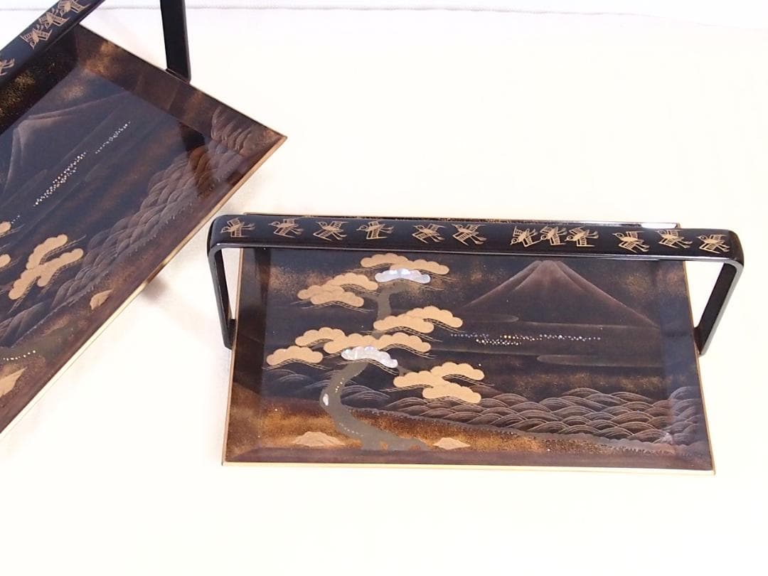 【骨董・良品】山水蒔絵 手付き盆 大小2点 三保の松原の図 古道具 検:輪島塗