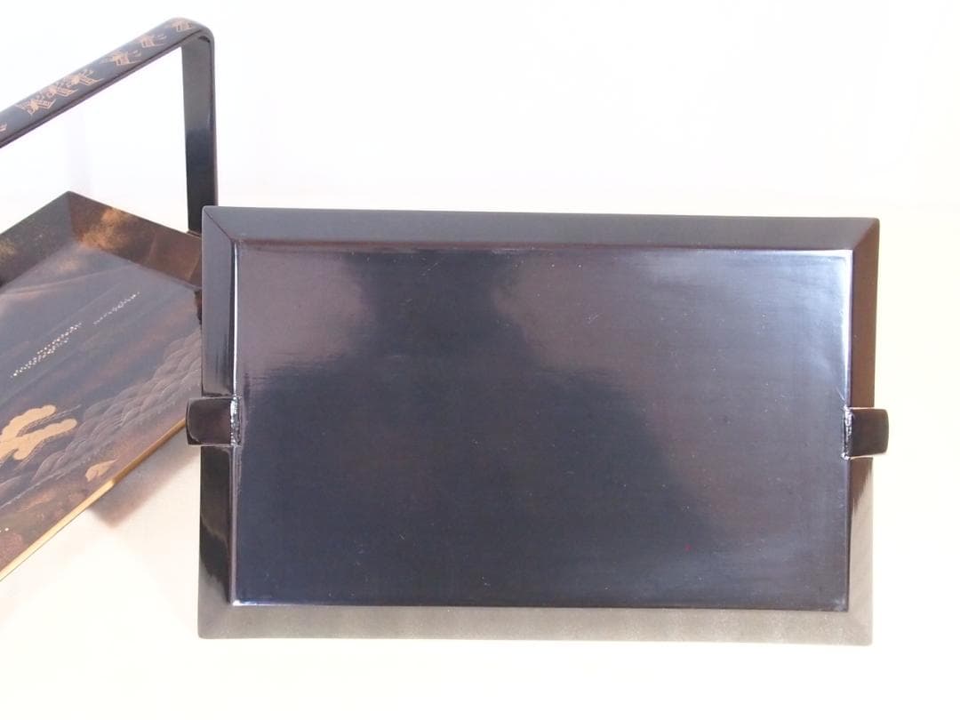 【骨董・良品】山水蒔絵 手付き盆 大小2点 三保の松原の図 古道具 検:輪島塗