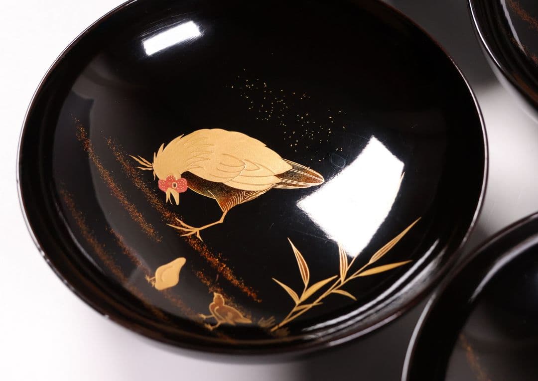 【CM354】時代蒔絵椀 竹に鶏金蒔絵 平椀五客 木製 /(検) 輪島塗加賀能登