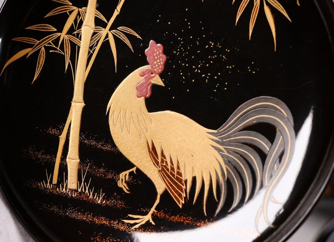 【CM354】時代蒔絵椀 竹に鶏金蒔絵 平椀五客 木製 /(検) 輪島塗加賀能登