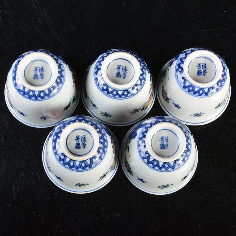 煎茶道具　渋草焼　芳国造　染付赤絵　花鳥文　煎茶碗　五客　共箱　D　R6417