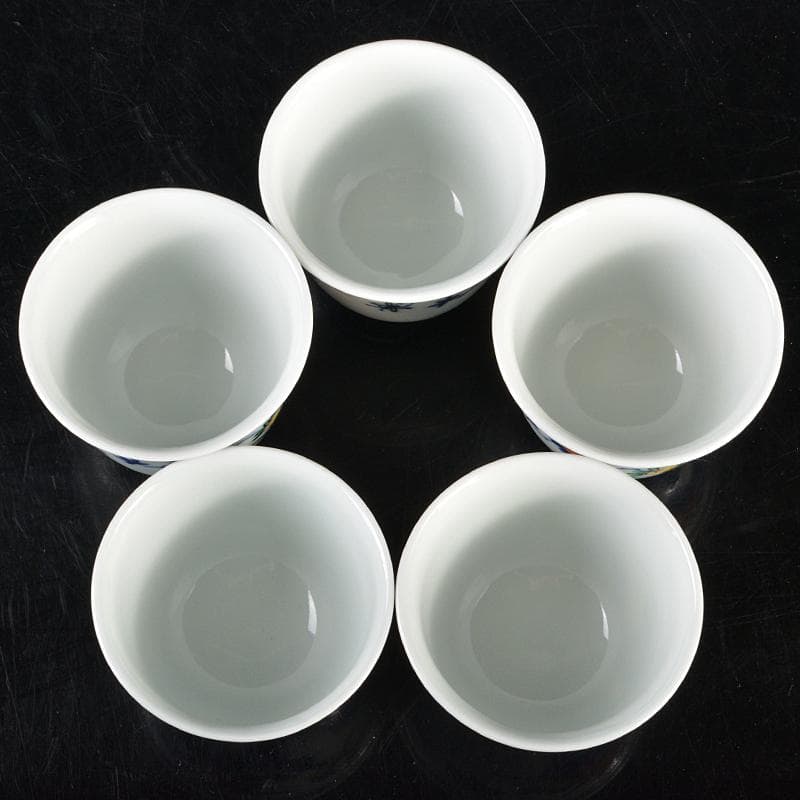 煎茶道具　渋草焼　芳国造　染付赤絵　花鳥文　煎茶碗　五客　共箱　D　R6417