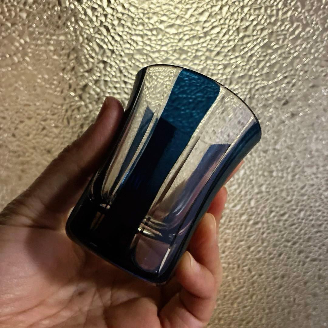 骨董　時代ガラス　希少　紺色被せ　縞　モダン切子　徳利　酒器　３点