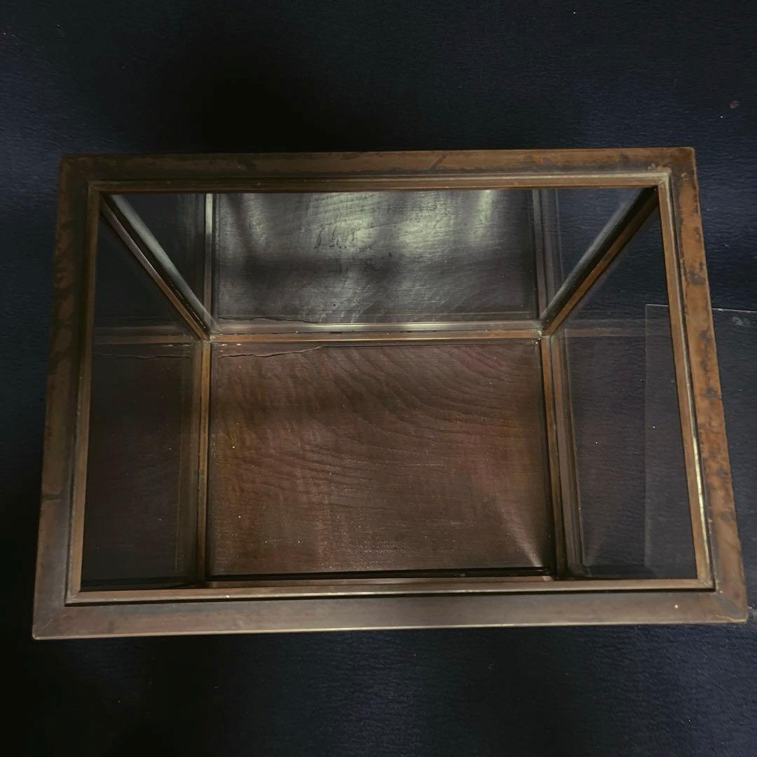 アンティーク　希少　ガラスケース　銅枠　面取り　5面　足　木製　総重量5.2㎏