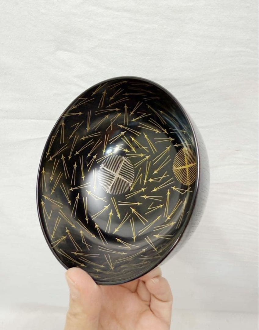 ほぼ未使用 懐石道具 木製黒塗 吸物椀 金彩松葉見返し蒔絵 木箱